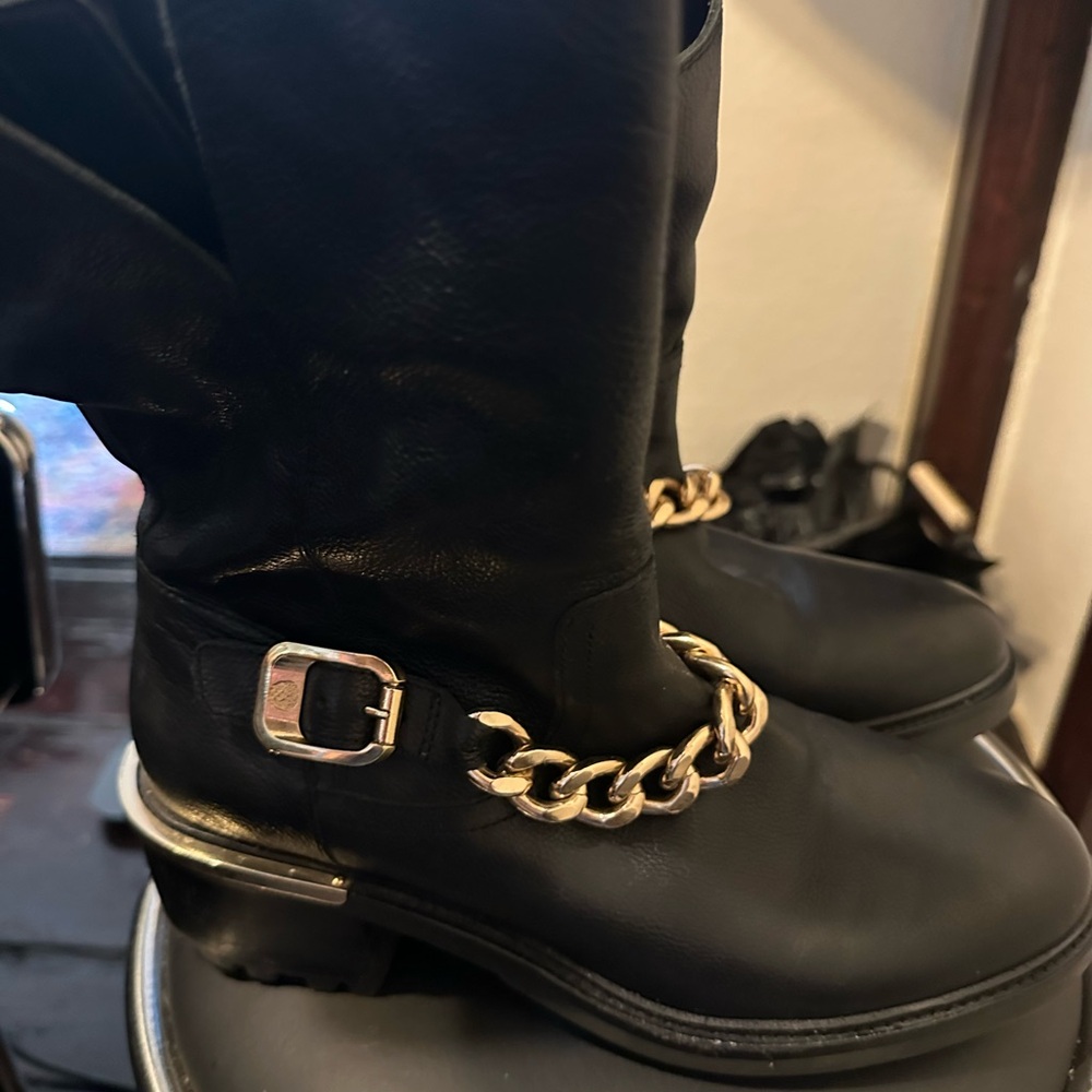 Vince Camuto Black Leather Boots with Gold Detail
